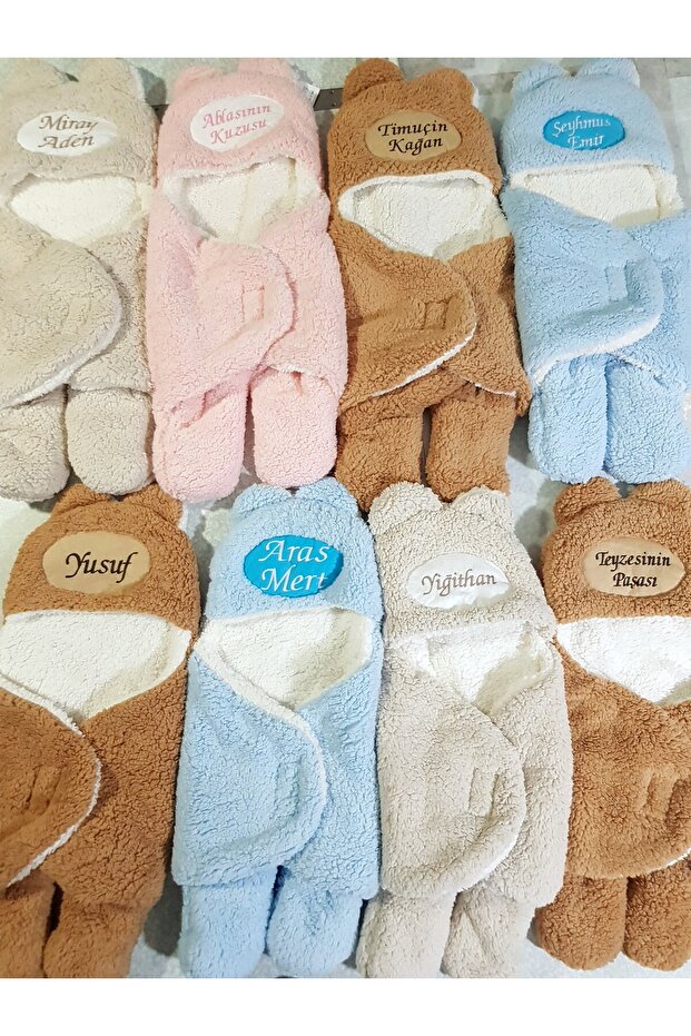 Welsoft Inner Outer Swaddle Blanket - Embroidered Name Print, Footed Model, Double Layer - 7