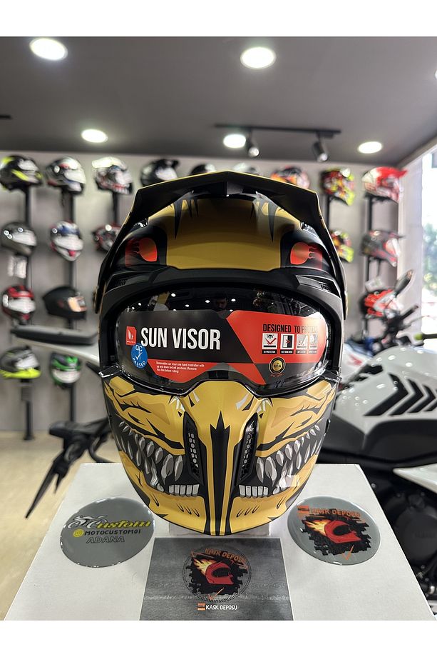 Helmets Street Fighter Aztec B3 Mat Siyah Sarı Modüler Çene Kask - 4