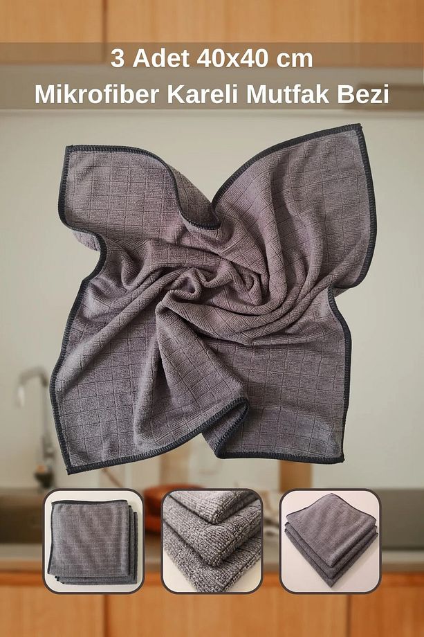 ( 3 Adet ) Profosyonel Gri Kareli Mutfak Temizlik Bezi 40x40cm - 1