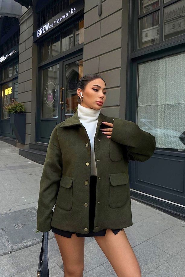 kadın yumuşak kaşe süet doku kumaş astarlı cep ve düğme detay oversize pinterest mont ceket - 2