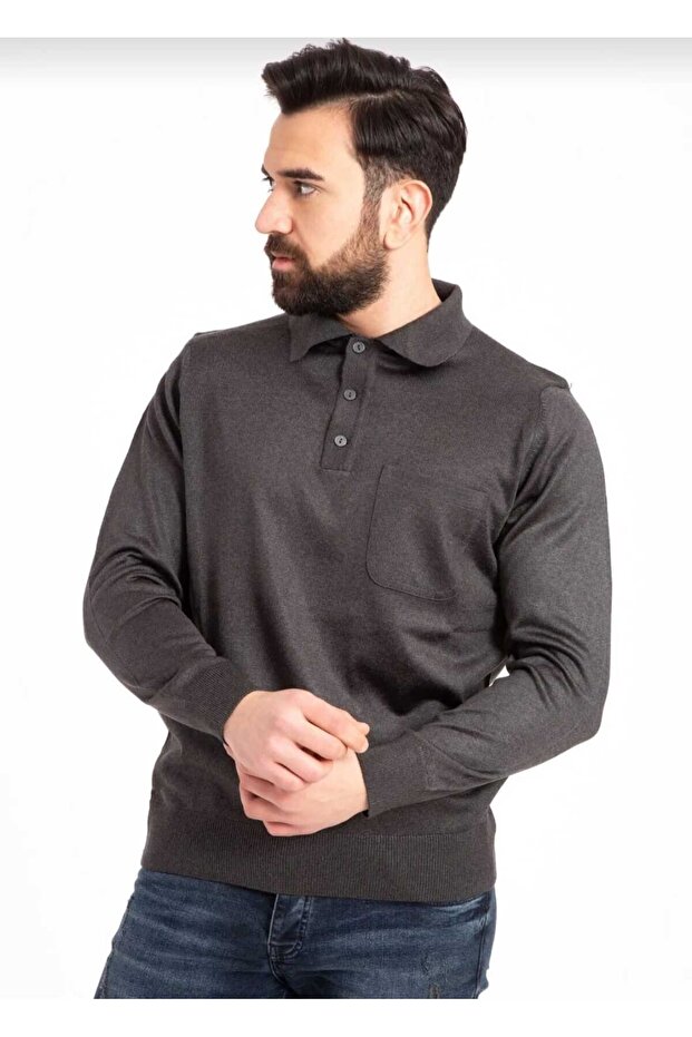 Men's Buttoned Thin Polo Collar Wool Sweater