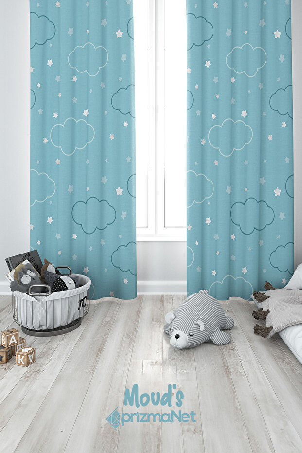 Colorful Cloud Patterned Printed Children's and Baby's Room Background Curtain with 2 Wings - PRD-14