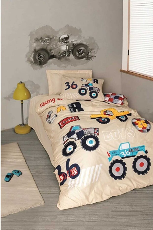 Junior Single Duvet Cover Set Cars Beige
