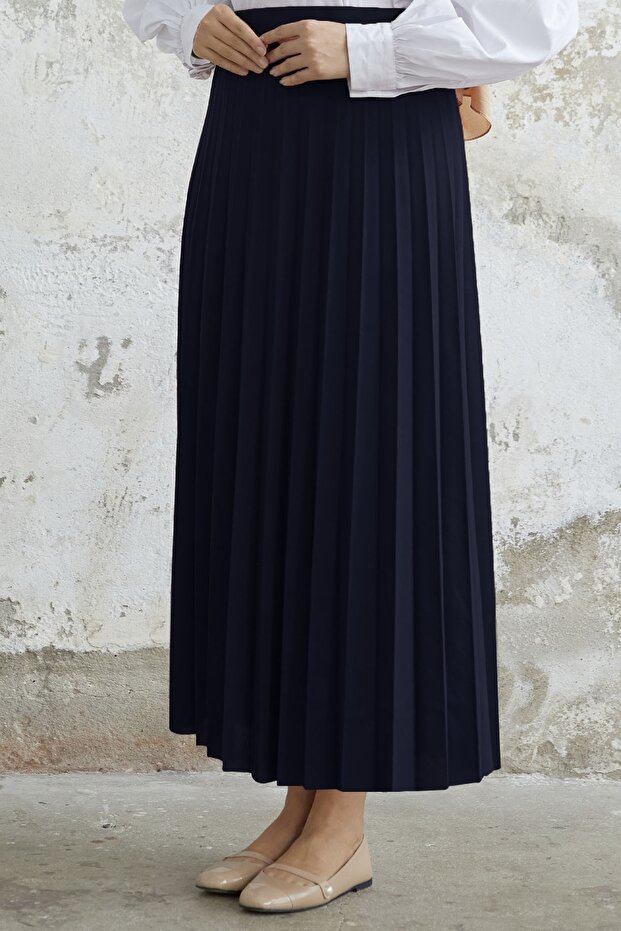 Luisa Waist Elastic Pleated Skirt - Navy Blue