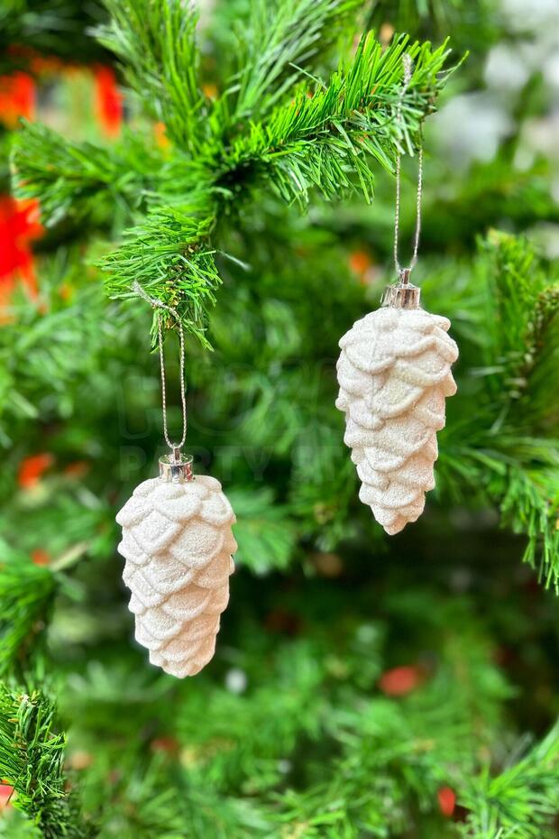 White 2 Pieces 10 cm Real Embossed Cone Christmas New Year Pine Tree Ornament Hangable Tree Ornament