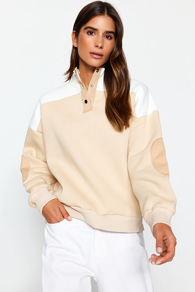 Stone Thick Fleece Inside Color Block Zippered Regular/Normal Fit Knitted Sweatshirt TWOAW24SW00356
