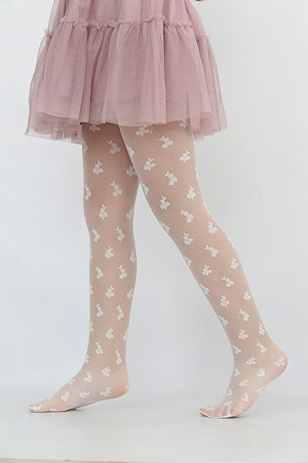 Girl's Drop White Patterned Thin Pantyhose
