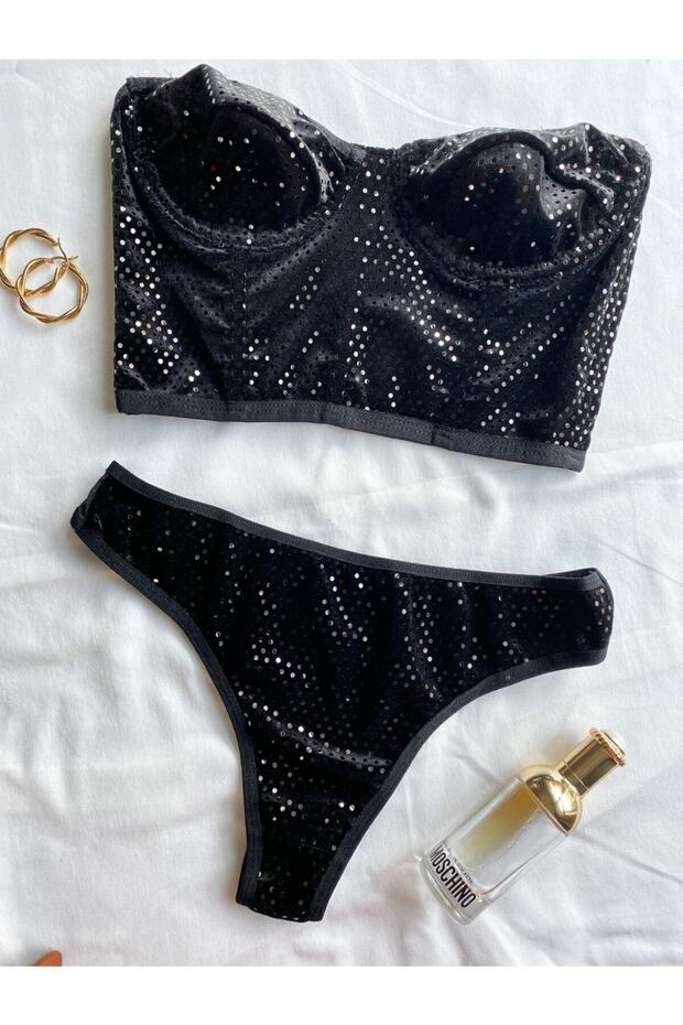 Black Velvet and Sequin Detailed Bralet Set