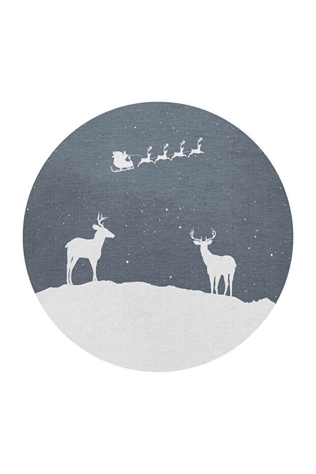 Blue New Year Themed Surrealist Moon Deer Patterned Modern Woven Base Round Decorative Carpet 2248