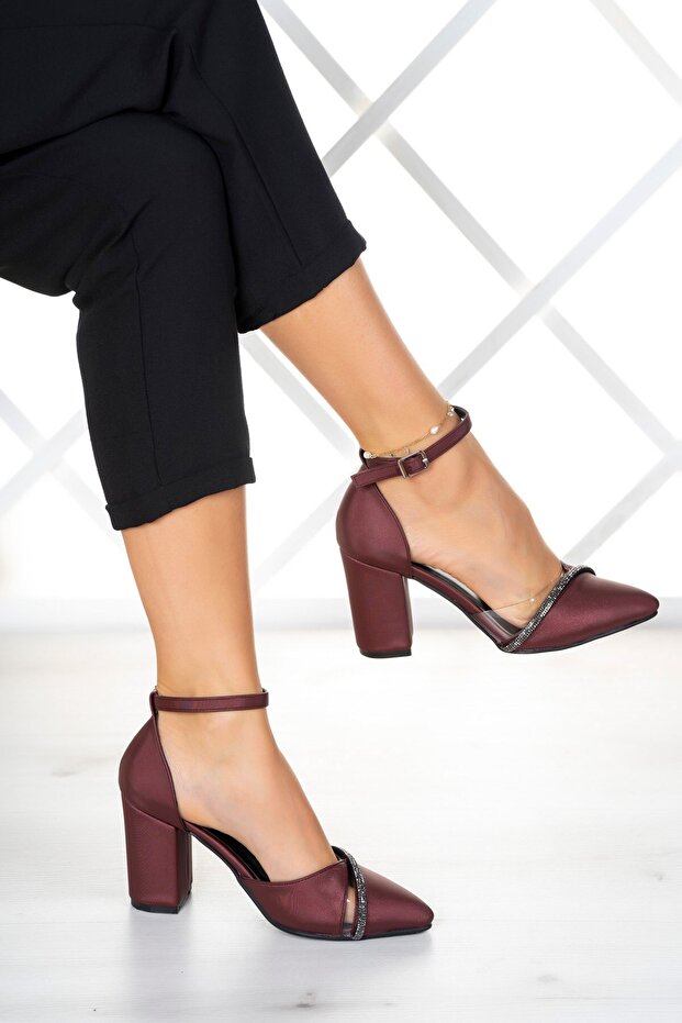 Samira Claret Red Satin Stoned Transparent Designed Shoes