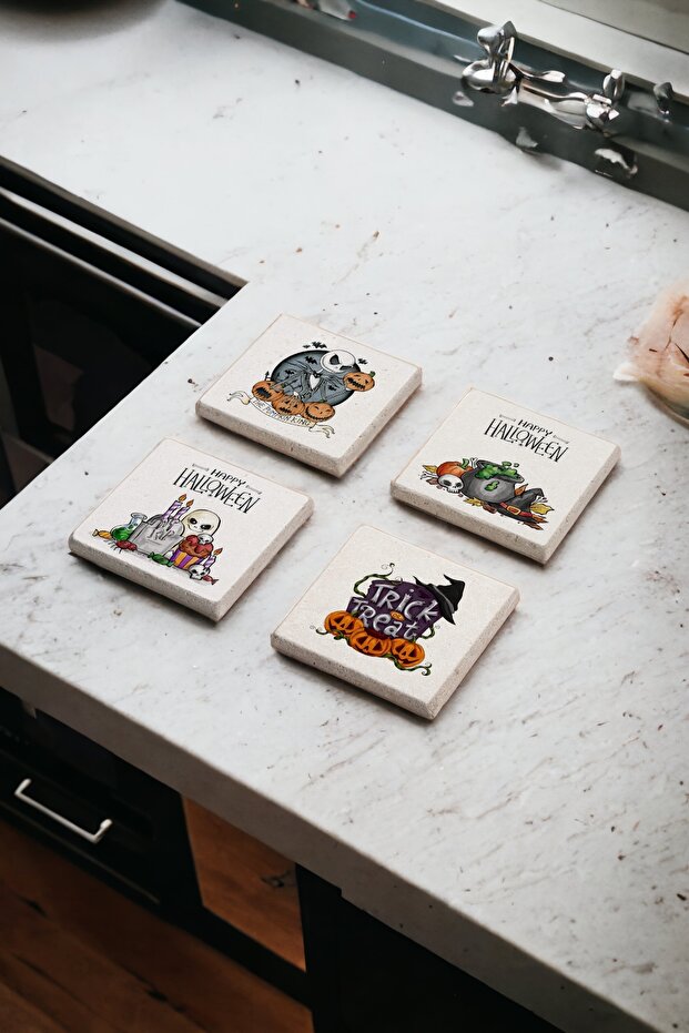 Halloween Spooky Trick or Treat Natural Stone Travertine Coasters Set of 4