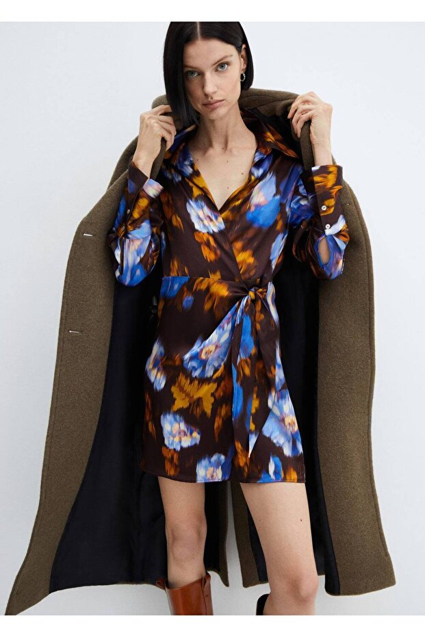 Desenli saten elbise - 6