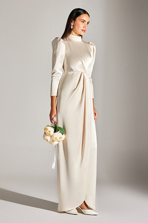 MEIDA ECRU DRAPED DOUBLE-BREASTED ENGAGEMENT DRESS