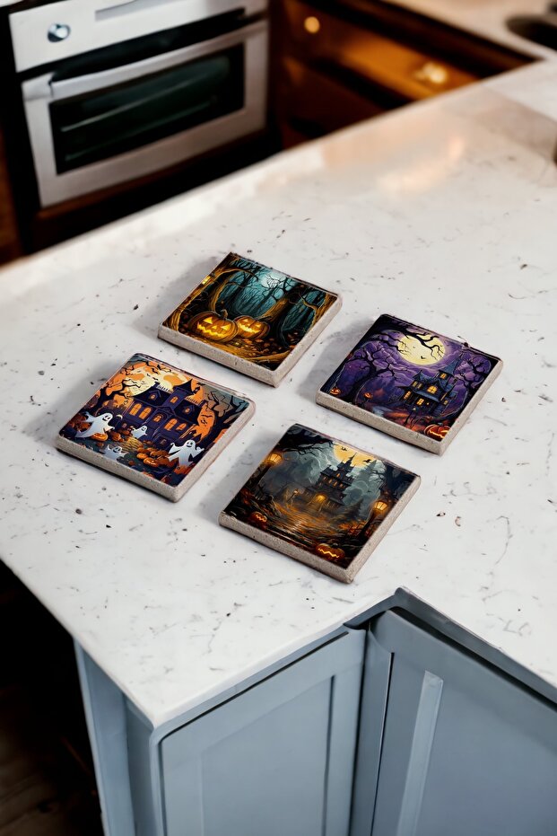Dark Hallowen Spooky Themed Natural Stone Travertine Coasters Set of 4