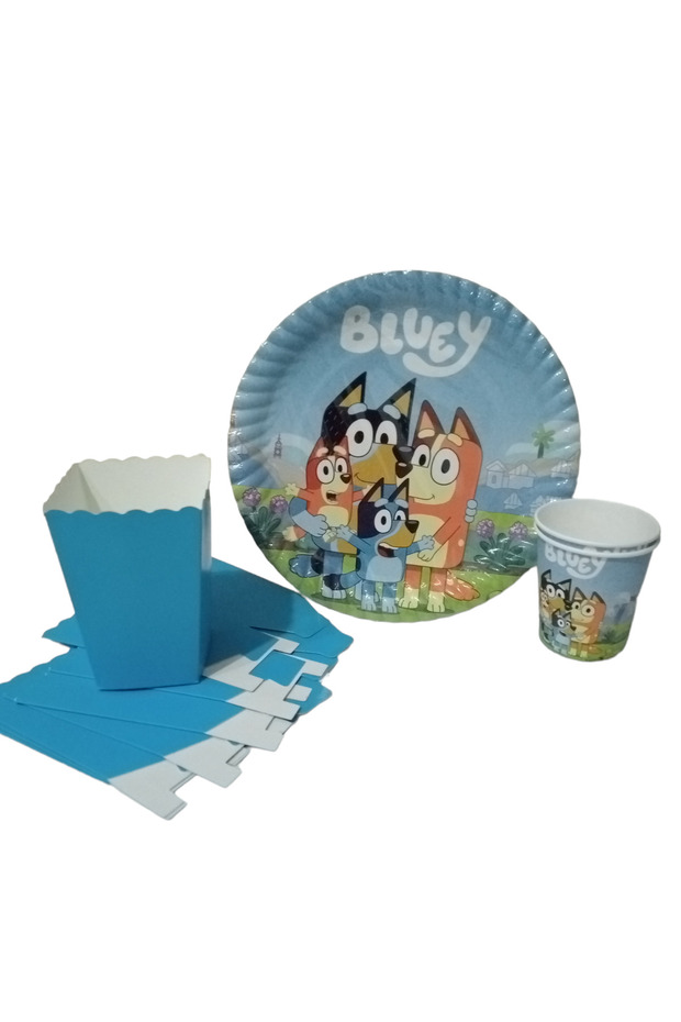 Birthday set with Bluey Characters Cardboardplate.cupcorn box 8 pieces