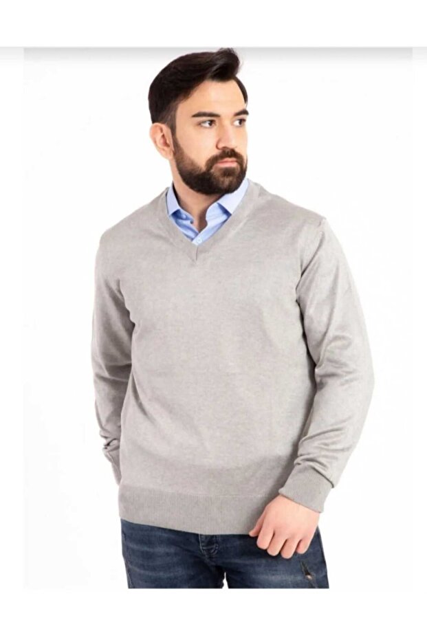 Men's Brown V-Neck Fine Wool Knitwear Sweater