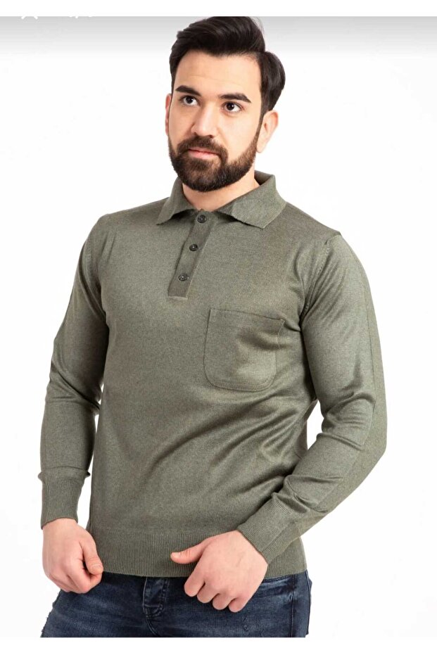 Men's Buttoned Thin Polo Collar Wool Sweater