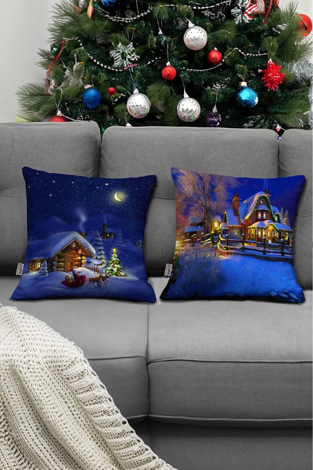 New Year's Themed Home Patterned Blue Color Digital Printed Decorative Ornament 2-Piece Throw Pillow Pillow Case Set