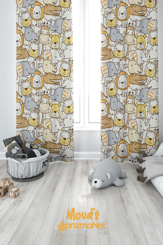 Orange Little Animals Patterned Printed Children's and Baby's Room Background Curtain with 2 Wings - PRD-05
