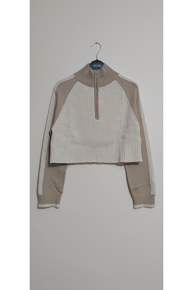 10438 Half Fisherman Zippered Glitter Sweater-Cream