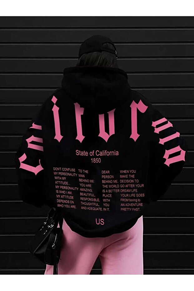 Unisex Large Size Black State Of Printed Hooded Oversize Sweatshirt Hoodie