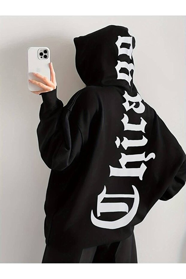 Unisex Plus Size Black Chicago Printed Hooded Oversize Sweatshirt Hoodie