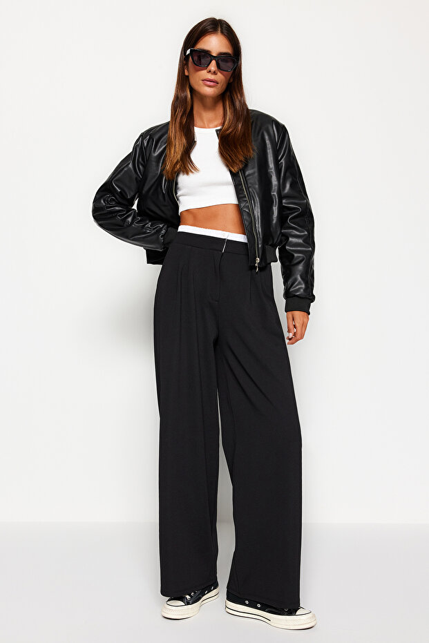 Siyah Wide Leg Boxer Kemer Detaylı Örme Pantolon TWOAW24PL00360 - 2