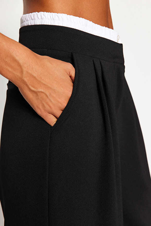 Siyah Wide Leg Boxer Kemer Detaylı Örme Pantolon TWOAW24PL00360 - 5