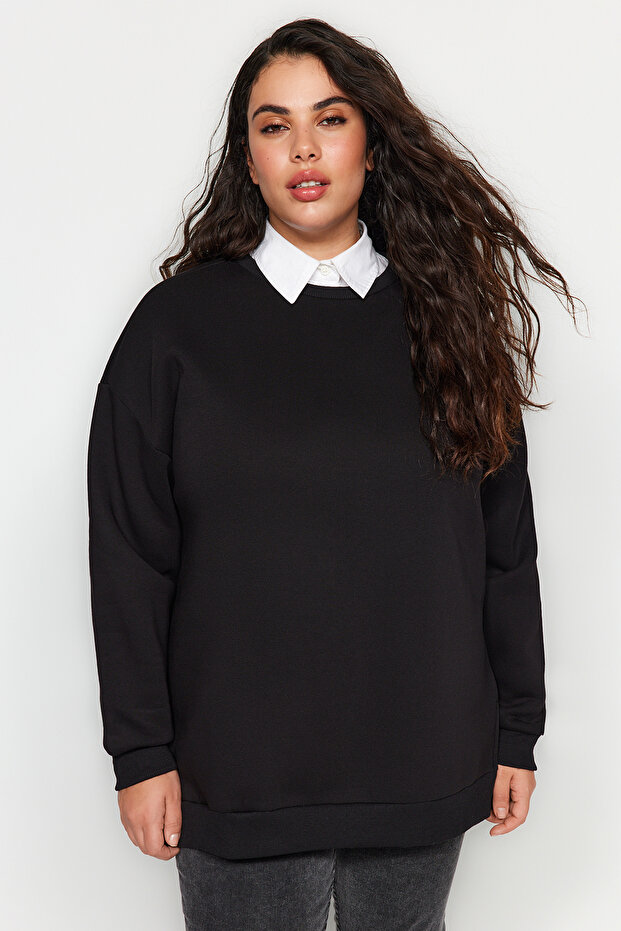 Siyah Kalın İçi Polarlı Yırtmaçlı Oversize/Bol Kesim Örme Büyük Beden Sweatshirt TBBAW24AO00003 - 3