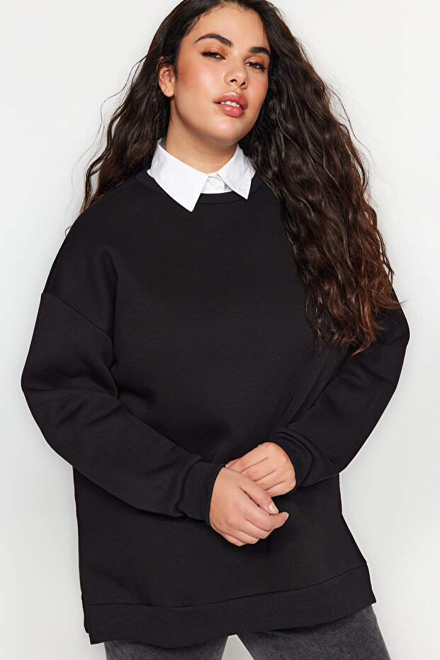 Siyah Kalın İçi Polarlı Yırtmaçlı Oversize/Bol Kesim Örme Büyük Beden Sweatshirt TBBAW24AO00003 - 2