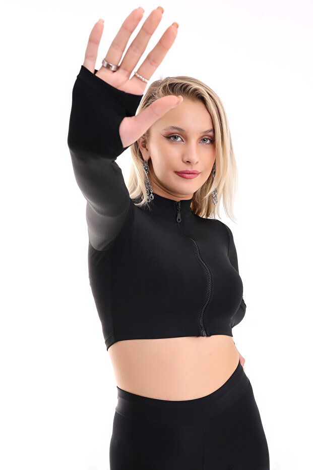 Women Black Long Sleeve Zip-Up Mock Neck Cropped Top Blouse with Thumb Hole Detail