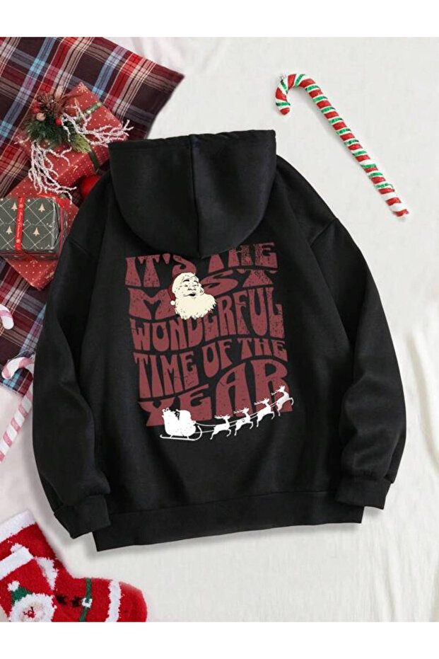 Christmas New Year Graphic Special Design Regular Fit Hooded Back Printed Sweatshirt Hoodie
