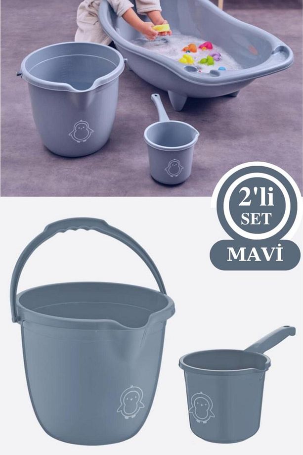 Bebek Banyo Su Kovası ve Maşrapası 2’li Set, Saplı Oluklu Kova 13lt ve Maşrapa 1,5lt MAVİ - 1