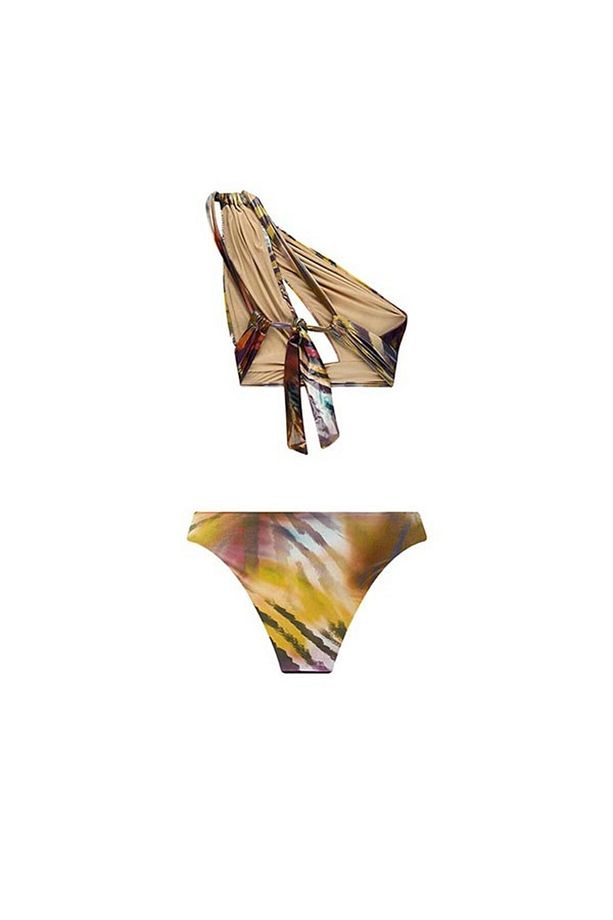Parlak Kumaş Renkli Desenli Tek Omuz Bikini Takımı - 6