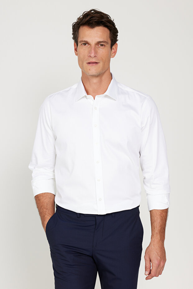 Men's White Slim Fit Narrow Cut Classic Collar Satin Shirt