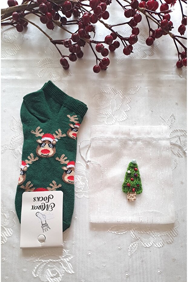 Deer Christmas Socks and Socks Pouch Gift New Year Green Socks