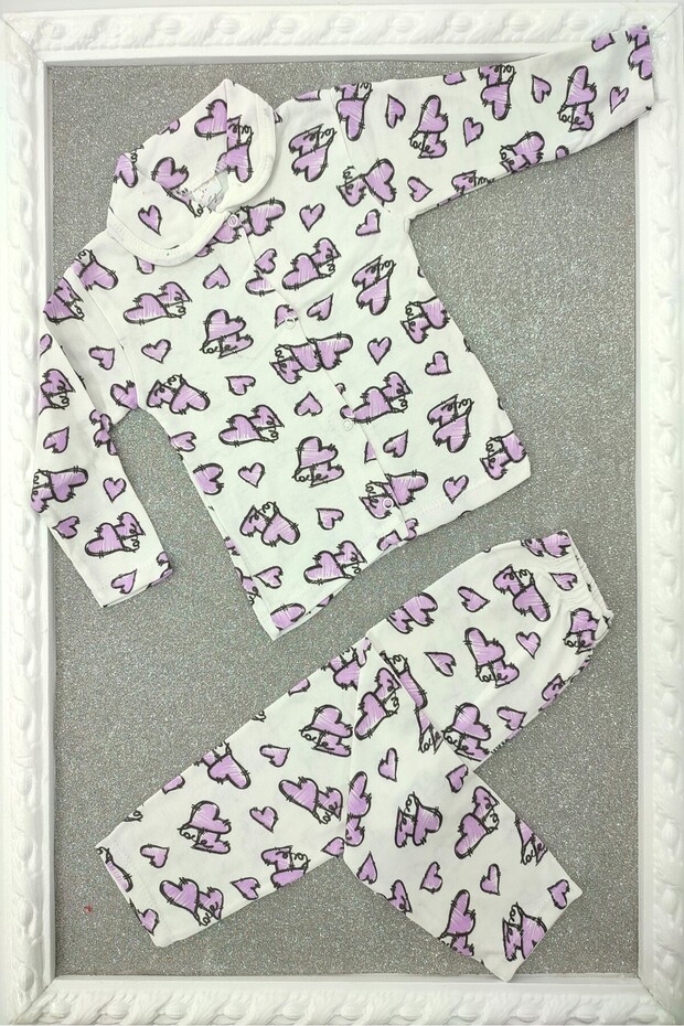 Supermini Lilac Baby Girl Front Snap Heart Patterned 2-Piece Pajamas Set