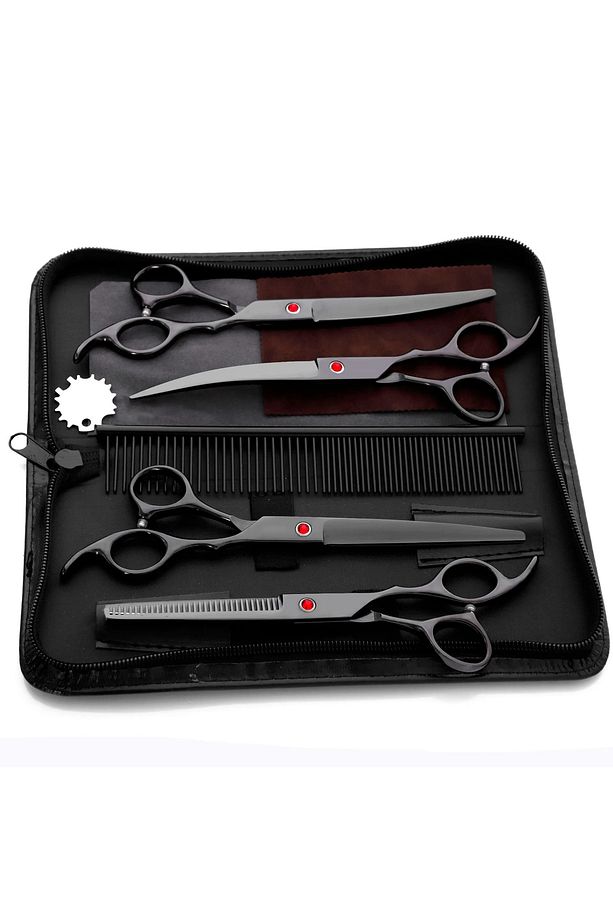 8 Parça 7.0 Inch 18 Cm Deri Çantalı Siyah Pet shop Evcil Hayvan Kedi Köpek Traş Kuaför Makas Seti - 2