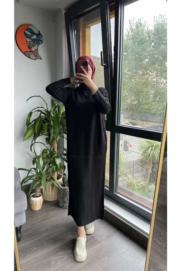 Şık Triko Elbise Siyah - 1