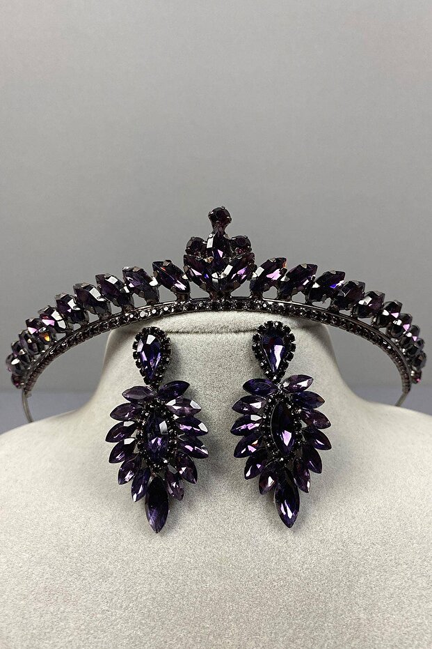 Purple Color Thin Ilayda Model Bridal Crown and Thin Shuttle Earring Set – Crown, Crystal Stone, Stylish Model –
