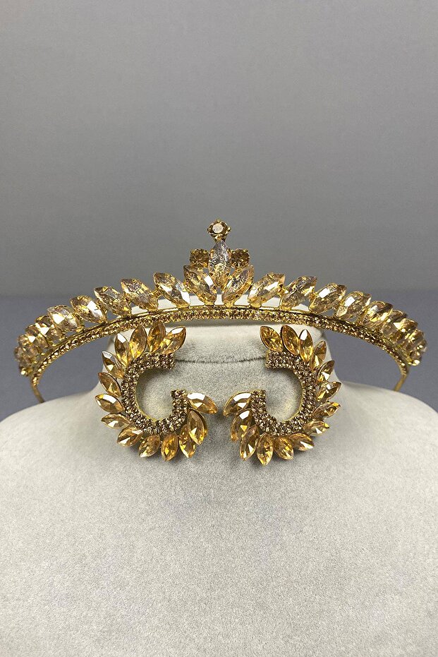 Honey Color Thin Ilayda Model Bridal Crown and Shuttle Stone Earring Set – Crown, Crystal Stone, Stylish Model –