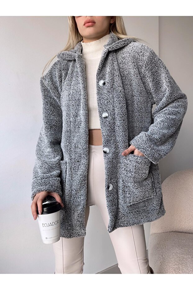 DOUBLE POCKET BUTTONED FRONT OVERSIZED PLUSH JACKET - 3