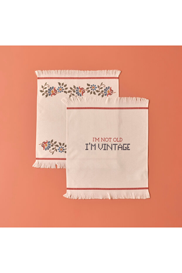 Vintage Drying Cloth 2-Piece White-Burgundy (40X50 cm)