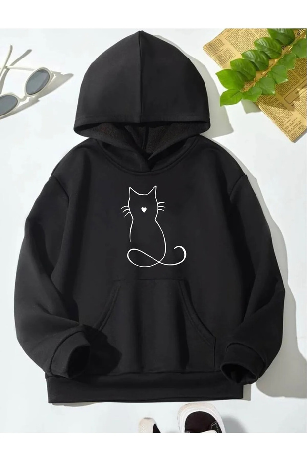 Vonix Unisex Cat Printed Black Oversize Hooded Cat Printed Sweatshirt