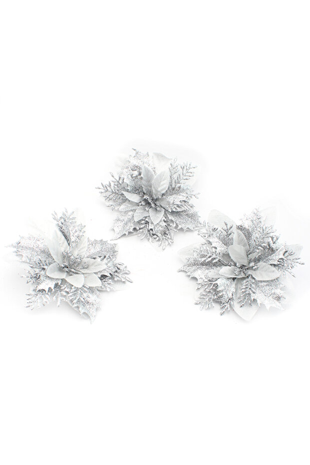 14cm 3 Adet Parlak Görünümlü ve Simlerle Kaplanmış Gümüş Renkli Yılbaşı Çiçeği - 1