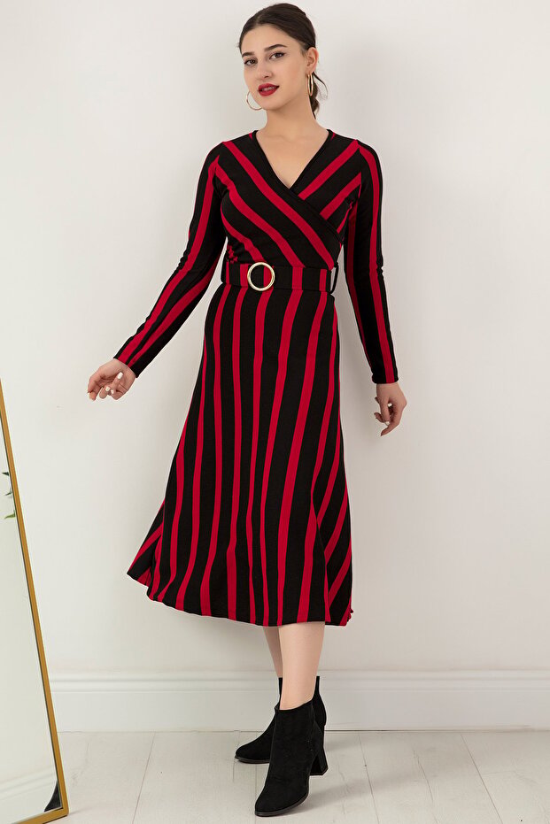 Kruvaze Yaka Kemerli Triko Elbise 2023-0077 - 6