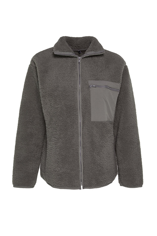 Winter Essentials Antrasit Kalın Polar Fermuarlı Dik Yaka Cepli Örme Sweatshirt TWOAW24SW00071 - 7