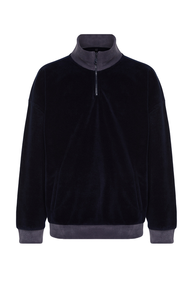 Lacivert Oversize/Geniş Kesim Dik Yaka Renk Blok Anti-pilling Polar Polar Sweatshirt TMNAW24SW00036 - 4