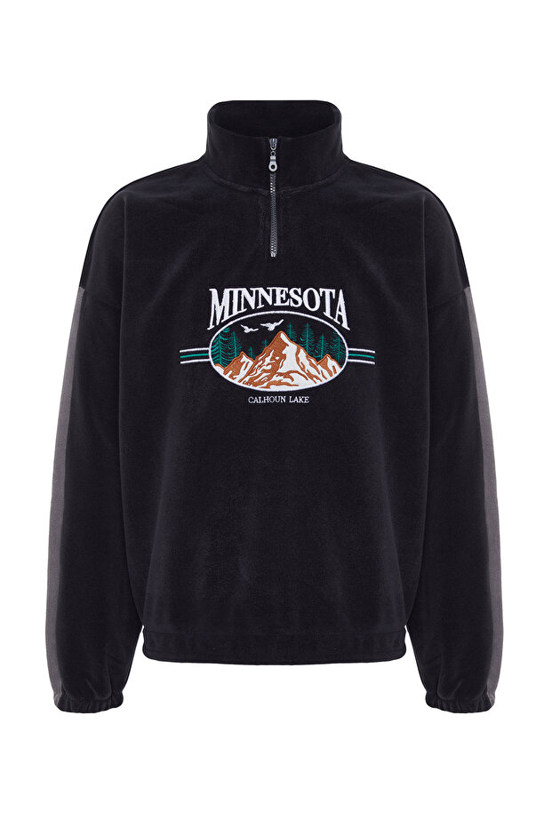 Antrasit Unisex Oversize/Geniş Kesim Dik Yaka Anti-pilling Polar Sweatshirt TMNAW24SW00034 - 8