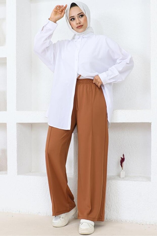 3042-1 Elastic Waisted Comfortable Cut Casual Trousers Brown